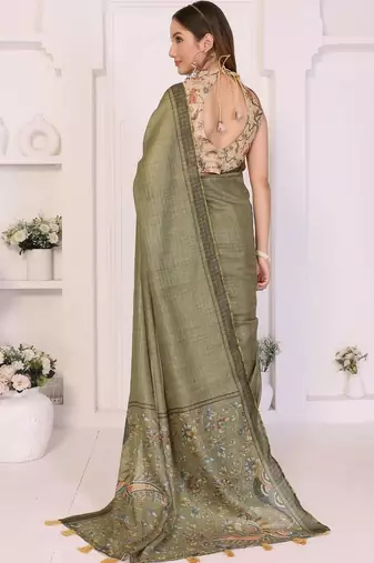 Olive linen printed saree with blouse