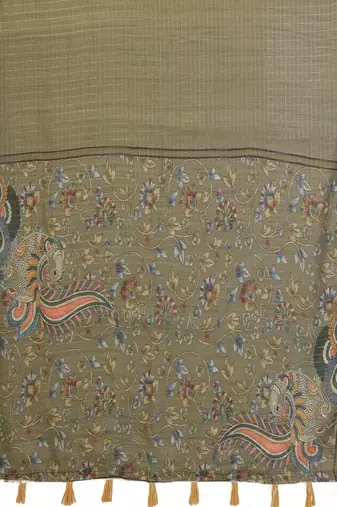 Olive linen printed saree with blouse