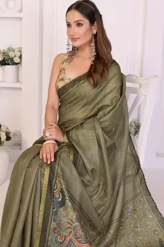 Olive linen printed saree with blouse