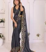 Charcoal linen printed saree with blouse
