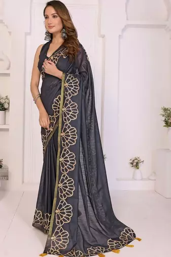 Charcoal linen printed saree with blouse