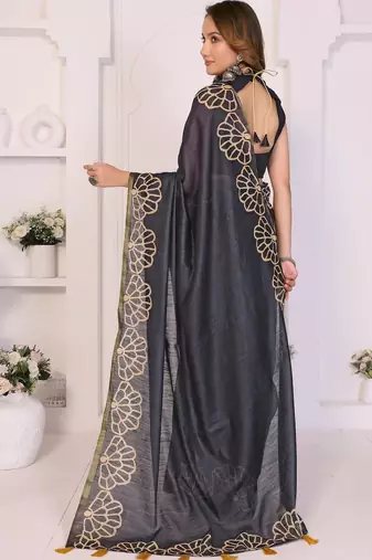 Charcoal linen printed saree with blouse