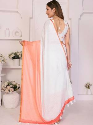White linen solid saree with blouse 4