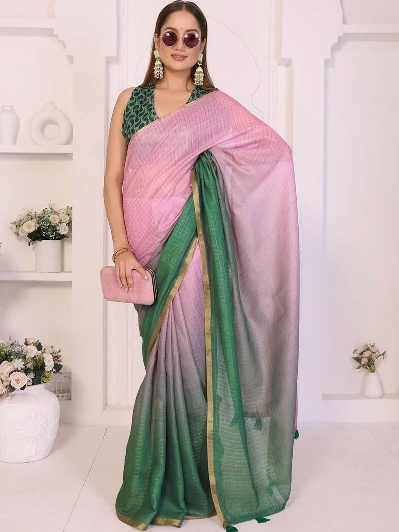 Multicolor linen checked saree with blouse