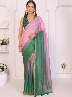 Multicolor linen checked saree with blouse 3