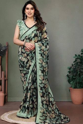 Green chiffon printed saree with blouse