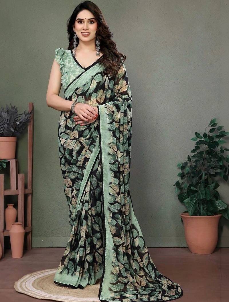 Green chiffon printed saree with blouse