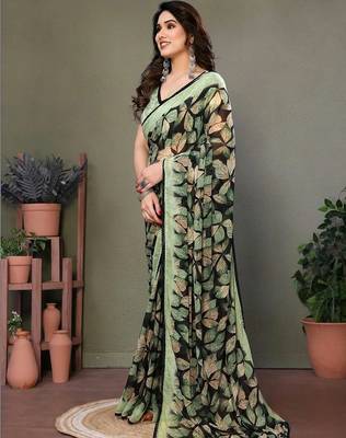 Green chiffon printed saree with blouse 2