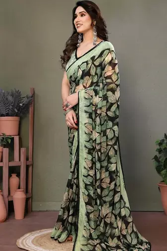 Green chiffon printed saree with blouse