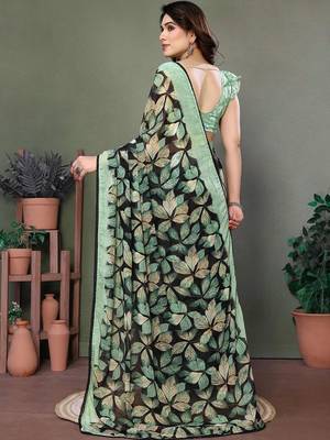 Green chiffon printed saree with blouse 3
