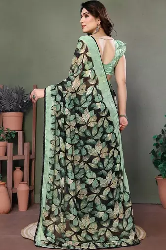 Green chiffon printed saree with blouse