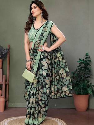 Green chiffon printed saree with blouse 4