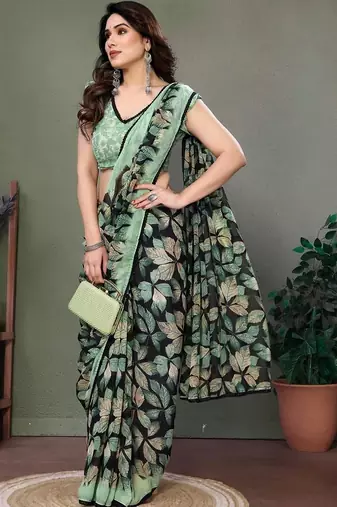 Green chiffon printed saree with blouse