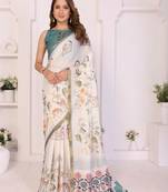 Off white linen printed saree with blouse