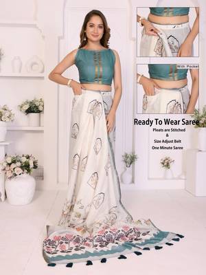 Off white linen printed saree with blouse 2