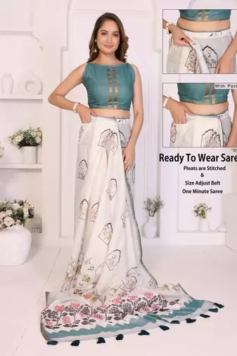 Off white linen printed saree with blouse