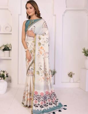 Off white linen printed saree with blouse 3