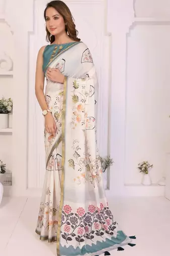 Off white linen printed saree with blouse