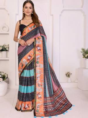 Multicolor linen printed saree with blouse 1