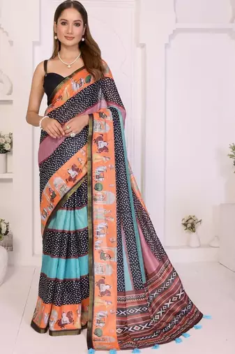 Multicolor linen printed saree with blouse