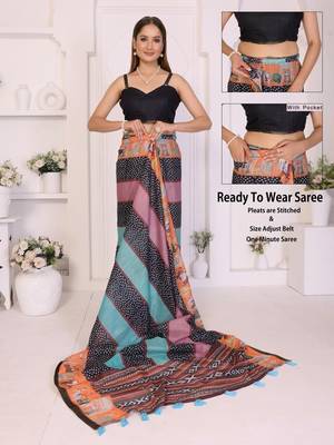 Multicolor linen printed saree with blouse 2
