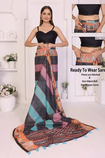 Multicolor linen printed saree with blouse
