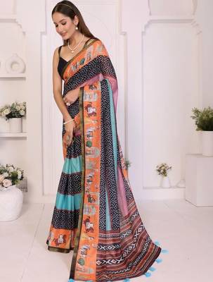 Multicolor linen printed saree with blouse 3