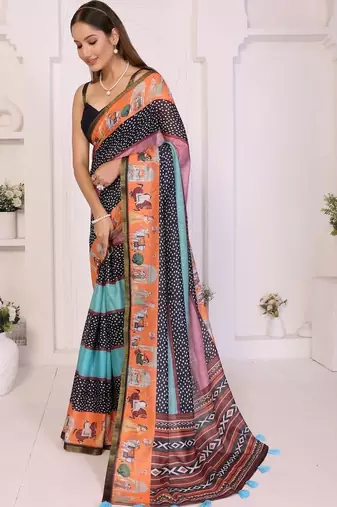 Multicolor linen printed saree with blouse