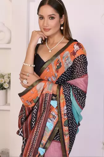 Multicolor linen printed saree with blouse