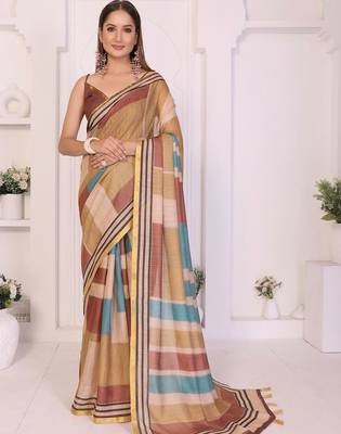 Multicolor linen printed saree with blouse 1