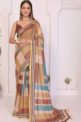 Multicolor linen printed saree with blouse