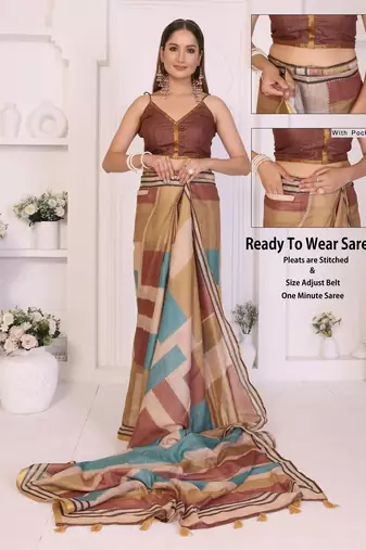Multicolor linen printed saree with blouse