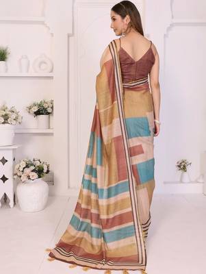 Multicolor linen printed saree with blouse 5