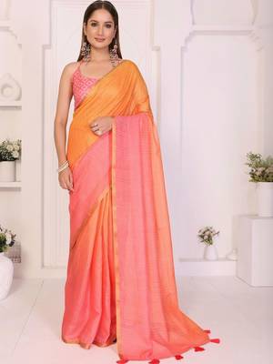 Multicolor linen striped saree with blouse 3