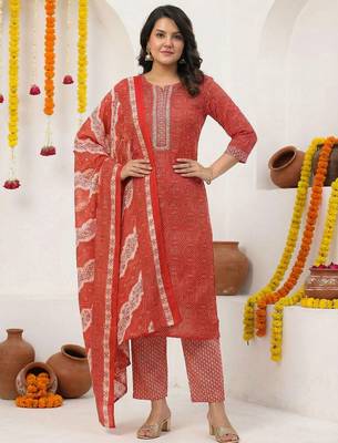Women Ethnic Motifs Printed Regular Thread Work Pure Cotton Kurta with Trousers & With Dupatta 1