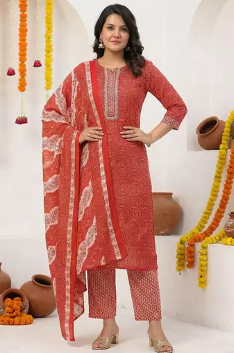 Women Ethnic Motifs Printed Regular Thread Work Pure Cotton Kurta with Trousers & With Dupatta