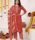 Women Ethnic Motifs Printed Regular Thread Work Pure Cotton Kurta with Trousers & With Dupatta