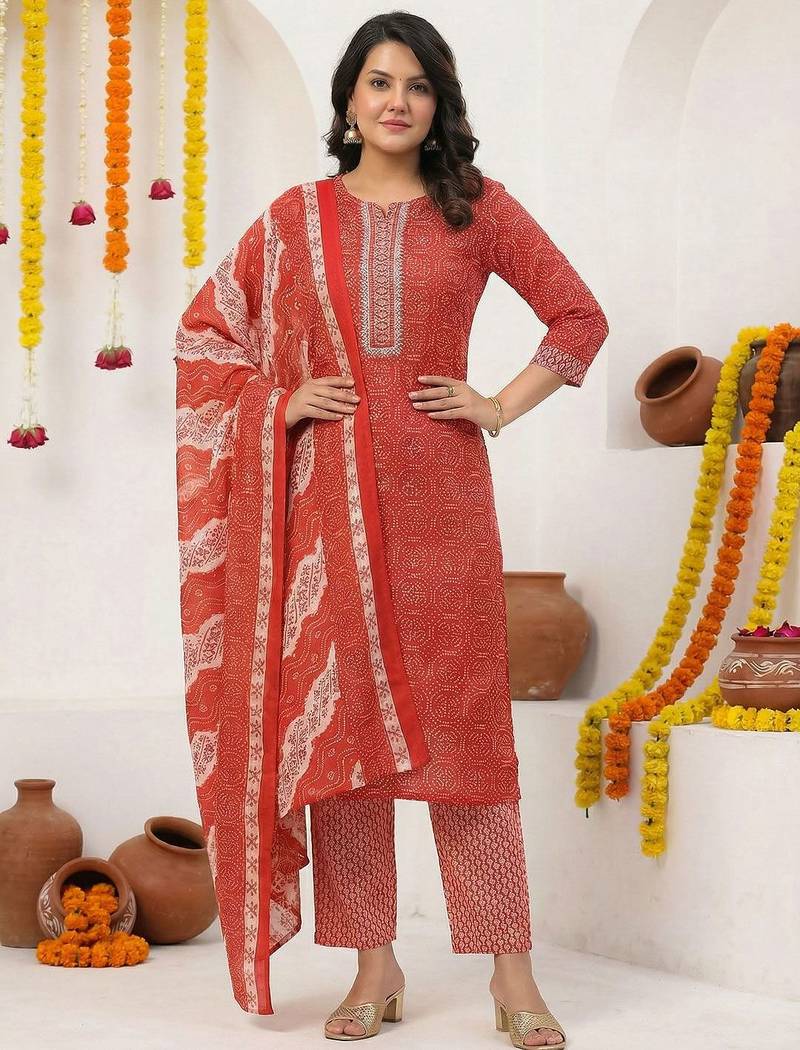 Women Ethnic Motifs Printed Regular Thread Work Pure Cotton Kurta with Trousers & With Dupatta