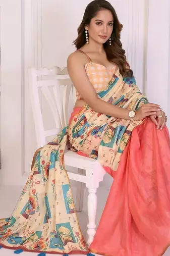 Pink linen printed saree with blouse