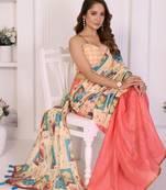 Pink linen printed saree with blouse
