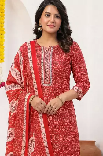 Women Ethnic Motifs Printed Regular Thread Work Pure Cotton Kurta with Trousers & With Dupatta
