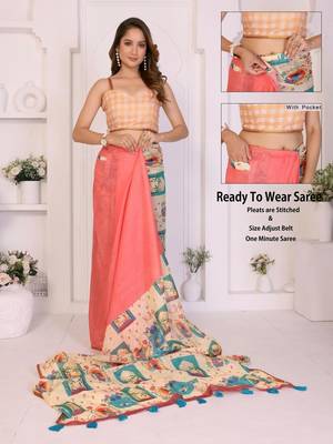 Pink linen printed saree with blouse 2