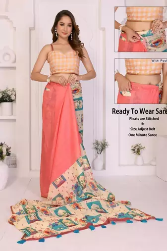Pink linen printed saree with blouse