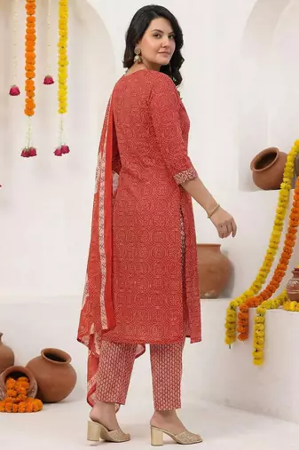Women Ethnic Motifs Printed Regular Thread Work Pure Cotton Kurta with Trousers & With Dupatta