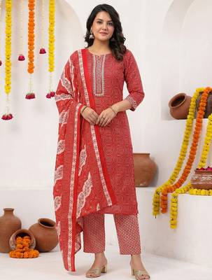 Women Ethnic Motifs Printed Regular Thread Work Pure Cotton Kurta with Trousers & With Dupatta 5
