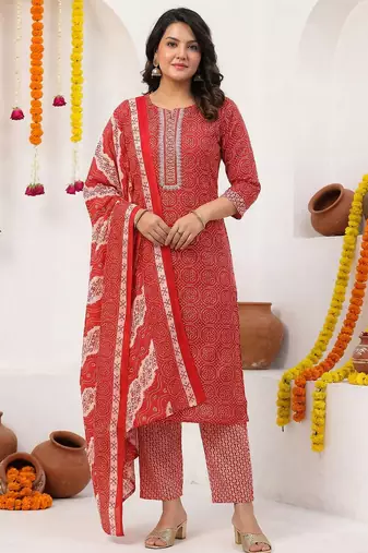 Women Ethnic Motifs Printed Regular Thread Work Pure Cotton Kurta with Trousers & With Dupatta