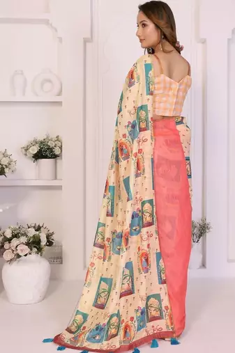 Pink linen printed saree with blouse