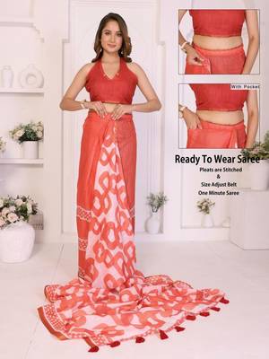 Orange linen printed saree with blouse 2