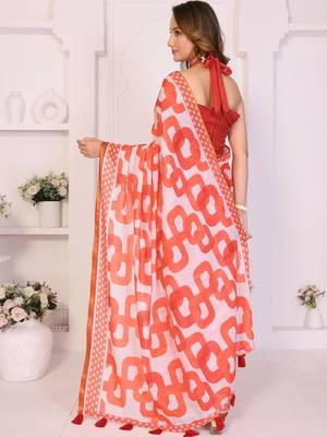 Orange linen printed saree with blouse 5