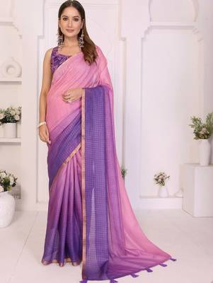 Pink linen striped saree with blouse 1